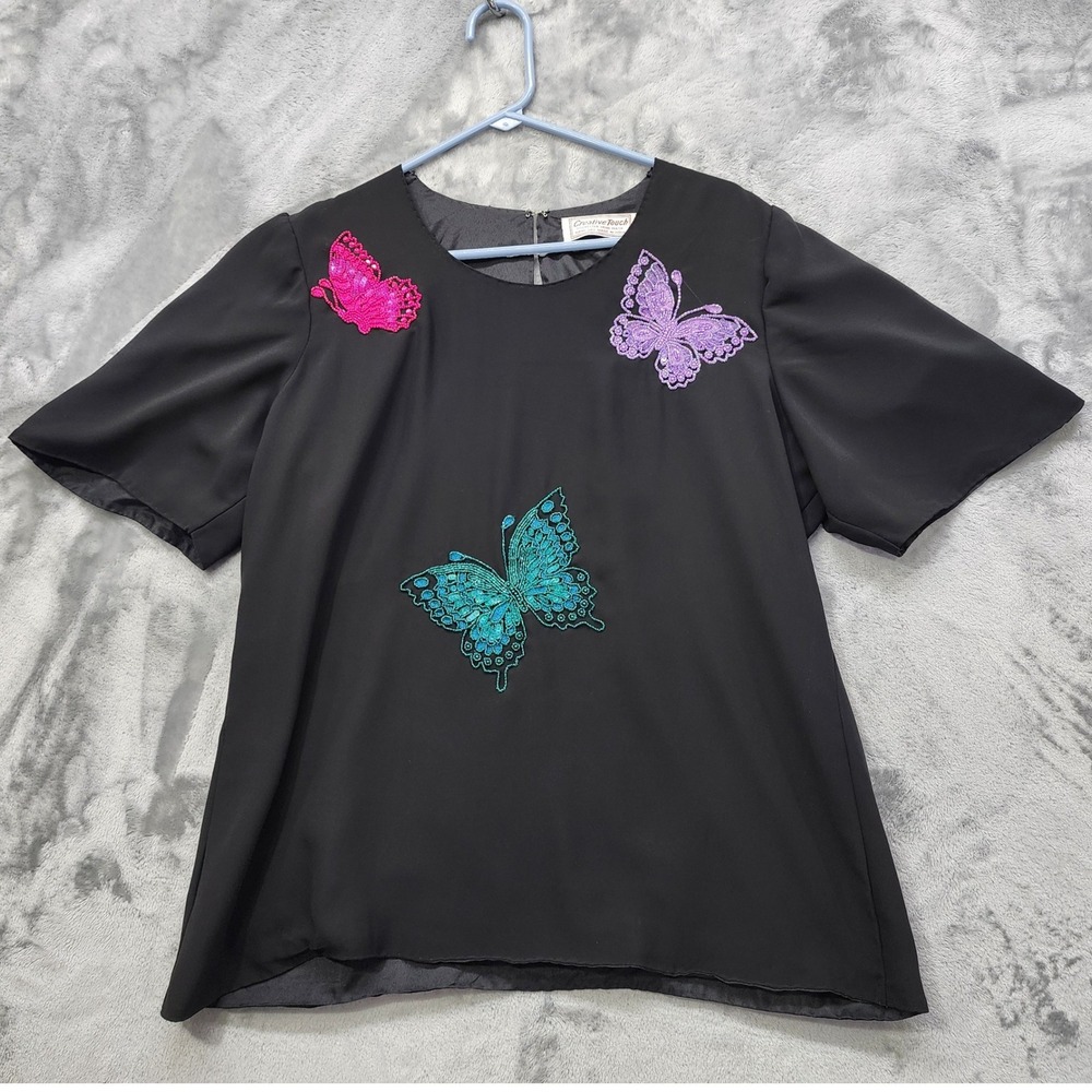 Vintage 80s Creative‎ Touch Top Womens L Black Color Beaded Butterflies Chiffon